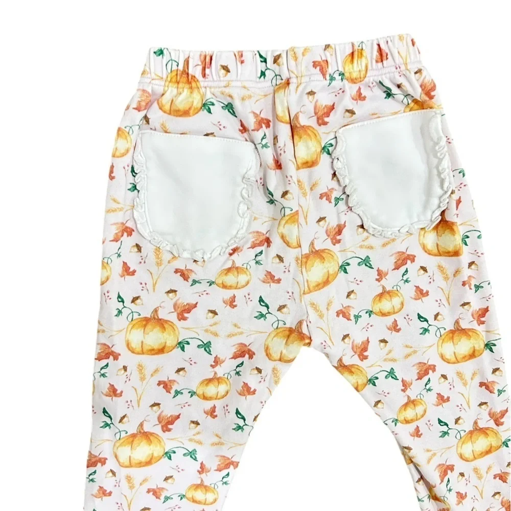 Smockingbird fall pumpkin print Pajama Set orange & White ruffle hems 5(girls)